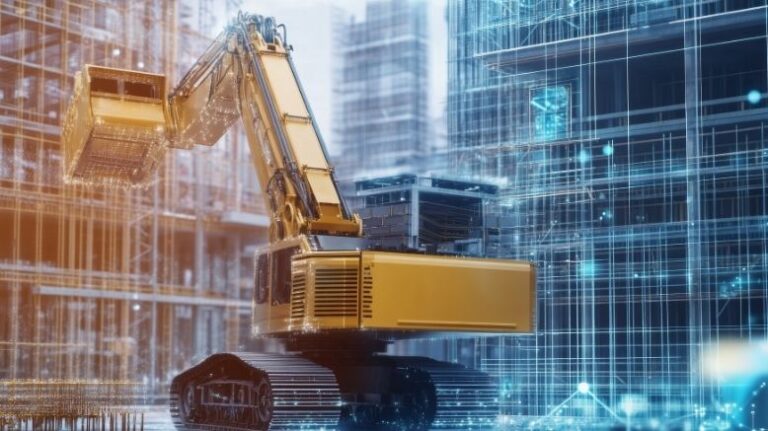 Excavator illustrated inside an AI-generated computer matrix.