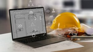 Construction technology data analytics illustrated by data matrix hovering over laptop computer