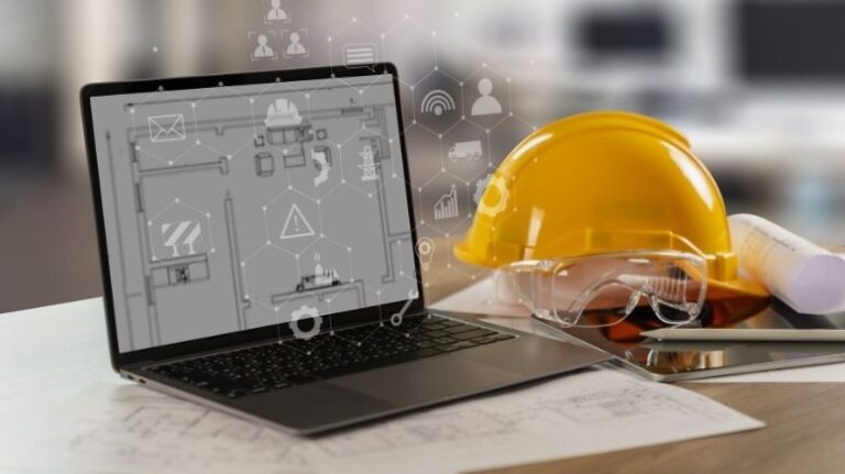 Construction technology data analytics illustrated by data matrix hovering over laptop computer