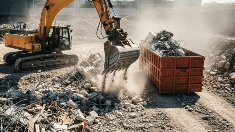 Excavator scooping material waste on a jobsite