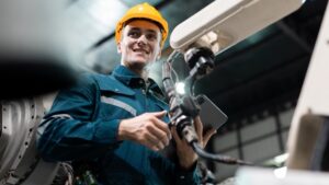 Robotic engineer automatic mechanic checking quality system of automation robot arms