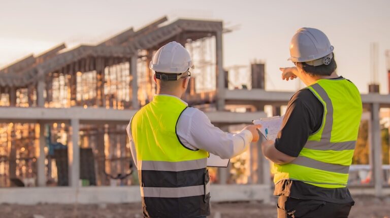Two engineers in high viz vests inspect an infrastructure project under construction