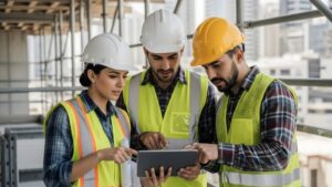 3 construction workers looking at a tablet together