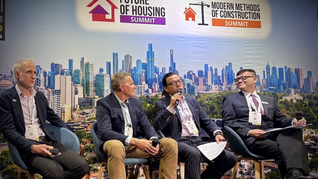 Adam Jordan (left) and Waco Tao (second from right) speak on a prefabrication panel at Melbourne Build Expo 2025.