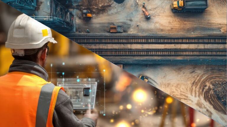 Construction worker on a mobil device juxtaposed with a photo of an infrastructure build site