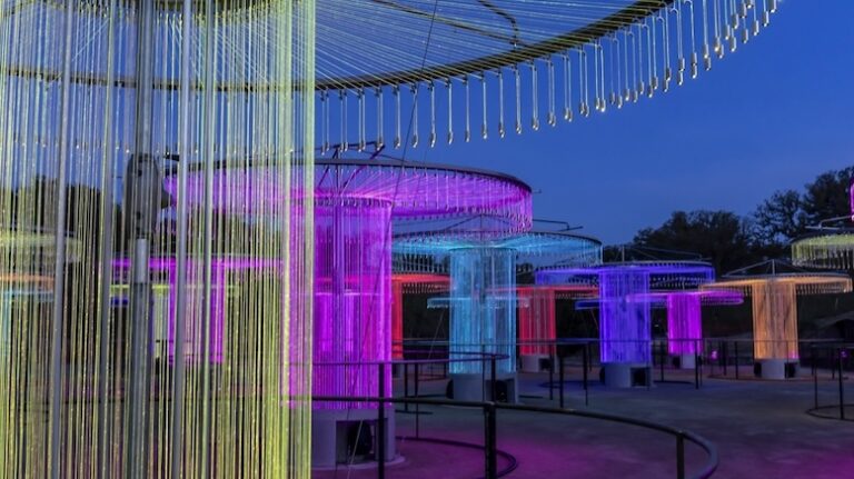 The Fibre Optic Symphonic Orchestra installation, built by Jointly, features 80 illuminated structures that combine to make a symphony of light and sound.