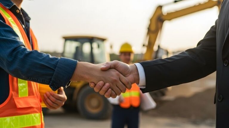 Two parties shaking hands with a construction site visible in the background