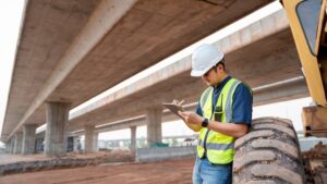 worker fills out change log on a job site under a highway overpass
