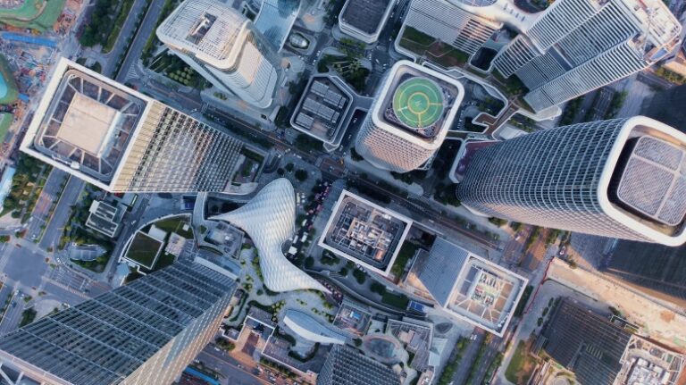 Aerial view of highrise buildings in an urban area